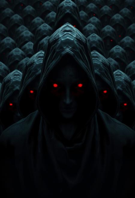 In a haunting, hyper-realistic image, a hooded shadow with piercing red eyes is enveloped by another identical shadow, which is in turn enveloped by another, and another, and another, creating an infinite regression of dark, mysterious figures. Each shadow is a precise, detailed replica of the one surrounding it, with subtle variations in texture and shading, creating a sense of depth and dimensionality. The red eyes glow with an otherworldly intensity, seeming to burn with an inner fire, as they stare out from the depths of each shadow. The hoods are rendered in intricate detail, with folds and creases that seem to ripple and flow like dark, liquid fabric. The infinite repetition creates a sense of eerie, unsettling infinity, drawing the viewer's eye into the center of the image, where the shadows seem to disappear into a tiny, infinitely receding point. Highest-Quality, 4k, intricate details, visually stunning, Masterpiece