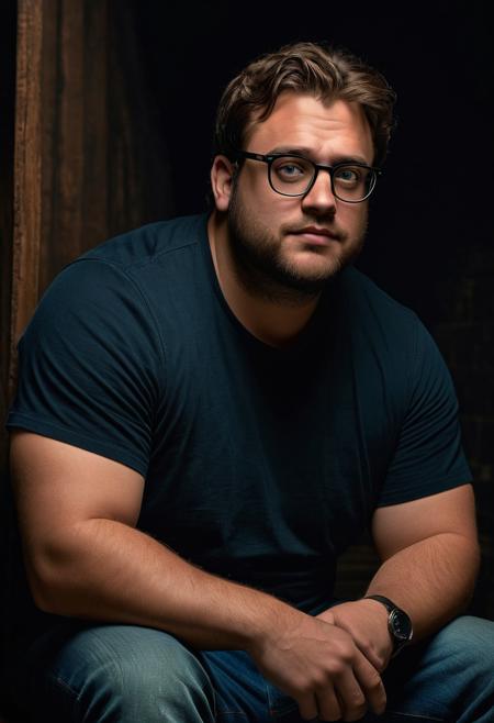 ((cinematic hazey atmosphere, romantic movie, romance film, arthouse film)), ((dark, night nighttime, dark background, shadows)), Tanned chubby 30 year old German man, wearing a black t-shirt and blue jeans, light brown messy hair, glasses, stubble, doublechin, broad face, blue green eyes, big fat arms, big neck, (thinker, smart, arrogant, philosophical, wise), gentle smile, (sitting on a bench in dark cellar at night while opening unzipping his pants)