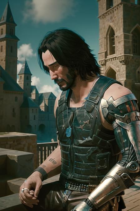 full body shot of johny_silverhand, [[keanu reeves]], hand on head, scratching head, surprised, (medieval castle), fantasy, mechanical parts, dramatic, messy hair, artstation, 8k, deep focus, oil painting
<lora:johny_silverhand-000011_v2:0.9>