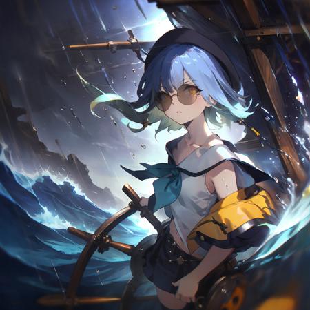 masterpiece,best quality,highres,cinematic lighting,dramatic angle,jail,prison,<lora:ShadowverseBarbarosV1-000030:0.8> ,portrait,wet,sailor collar,bowtie,bare shoulders,white shirt,hat,hair ornament,blue short hair,gardient hair,yellow eyes,belt,pleated skirt,(single thighhigh:1.1),bird,close-up,straight-on,rain,heavy rain,raindrop,strong wind,wheel,on boat,ship,on ship deck,wooden floor,waves,thunderstorm,aboard ship,sunglasses,portrait,close-up,mast,sail,rudder,helm,stain against the storm,extremely detailed,anchor