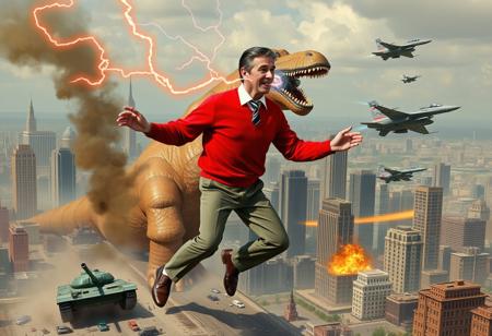 Mr Rogers, wearing a red sweater, slacks, loafers, attacking a large city, crushing buildings throwing cars, electric breath. Being attacked by tanks and fighter jets