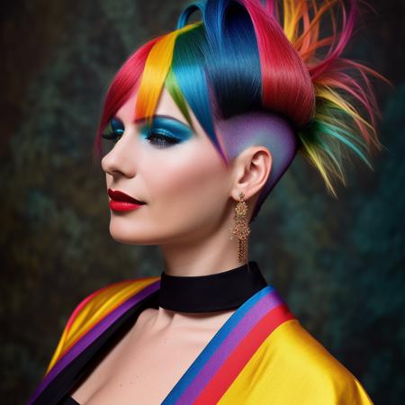 analog style, modelshoot style, portrait of sks woman by Flora Borsi, style by Flora Borsi, bold, bright colours, rainbow Mohawk haircut, ((Flora Borsi)) <lora:pampita:1> <lyco:locon_perfecteyes_v1_from_v1_64_32:0.85>