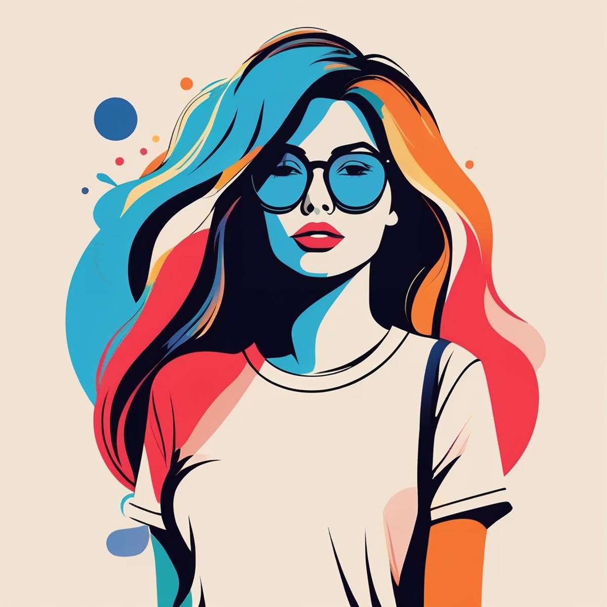 Minimalism art of T-shirt logo design of a lewd lady with long messy hair, wearing glasses and tight skirt with pantyhose,...