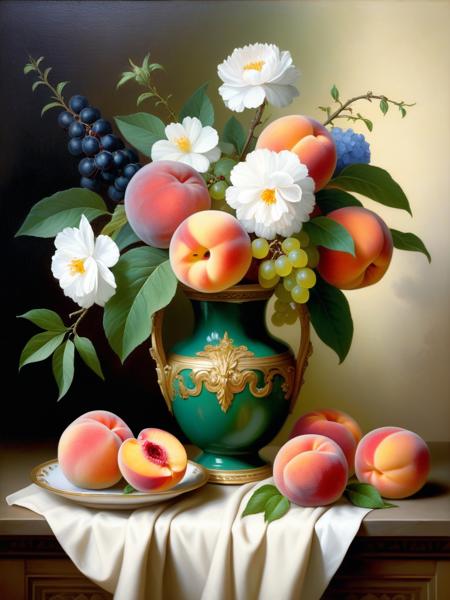 <lora:05ClassicalArt_Hap_XL:1>, William-Adolphe Bouguereau style, oil painting, still life, flowers, vase, fruit, table, colorful, romanticism oil painting, floral arrangement, peaches, green, artistic, vibrant colors, classic art, indoor, decorative, detailed,