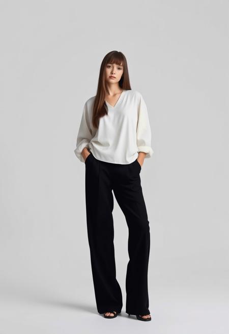 A beautiful young woman posing against a plain light grey background, wearing a long-sleeved, loose white blouse and wide-legged black pants. long straight centre parting falls over her shoulders. The lighting is soft, creating minimal shadows, giving the image a clean, minimalist, and modern look. The overall mood is calm and neutral."