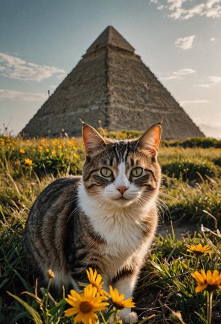 (Soft Lighting Photography by Mimoza Veliu and Mario Giacomelli:1.2), award-winning photography, photo of a cat and a badly damaged huge Pyramid, in a beautiful beach, Cats running around:1.5, (broken status, spare parts scattered nearby.) Grass and flowers grow around it. Sunny summer day. ocean. Calm and beautiful. Detailed art, many details, cute, adorable, fairytale, storybook detailed illustration, cinematic, ultra highly detailed, beautiful details, vibrant colors, complex background, fine art, best quality, hyper detailed, professional poster art, bold lines, award winning, trending on ArtStation , (intricate details, masterpiece, best quality:1.4), aesthetic and beauty, astounding details, high depth of field, f/4, framing, breakthrough, collodion process, soft particles, ageless atmosphere, (maroon and marigold colors:0.1),dark, chiaroscuro, low-key, <lora:TWbabeXL01:0.5>