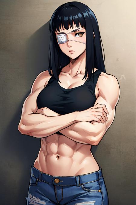 valmet, muscular, abs eyepatch, black tank top, jeans