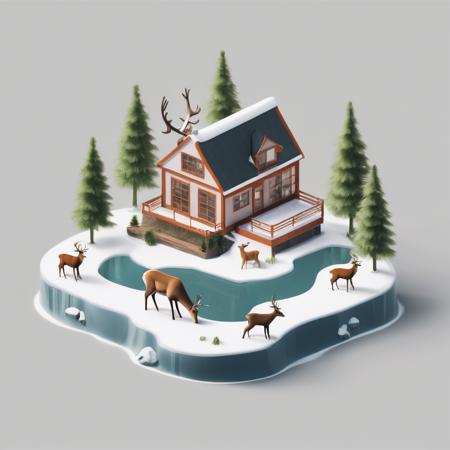 ffislandgen a small house on a small island with a lake, ffislandgen, ffislandgen island, tree, house, deer, no humans, water, snow, grey background, reindeer, outdoors, grass, window, building