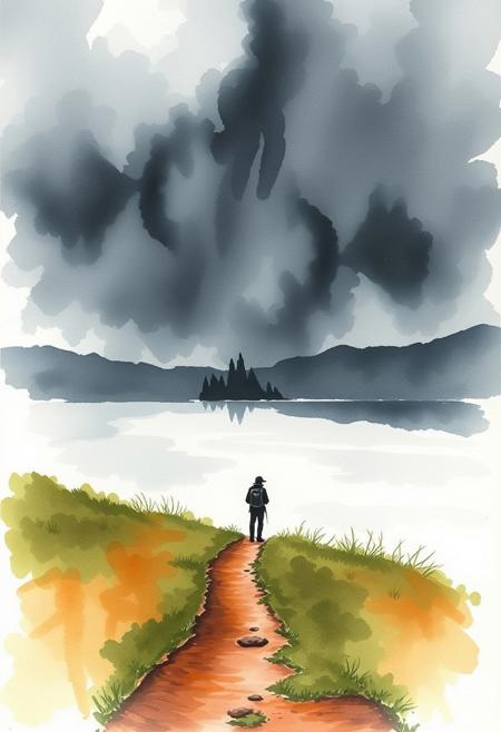 Intense, dramatic weather is depicted in a delicate watercolor painting. A narrow, winding path leads to a still lake, a lone traveler's silhouette visible. Their reflection creates symmetry. Translucent washes, fluid brushstrokes, stormy skies.