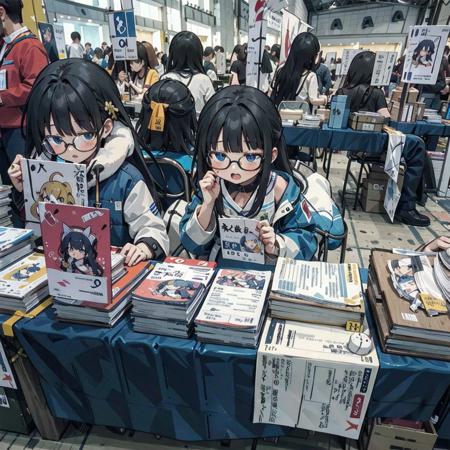 best quality, ultra-detailed, illustration, 1girl, glasses, black hair, long hair, 
comiket, table, chair, book, indoors, photo background, multiple girls, chair, long hair
<lora:comiket_SD15_C103:1>