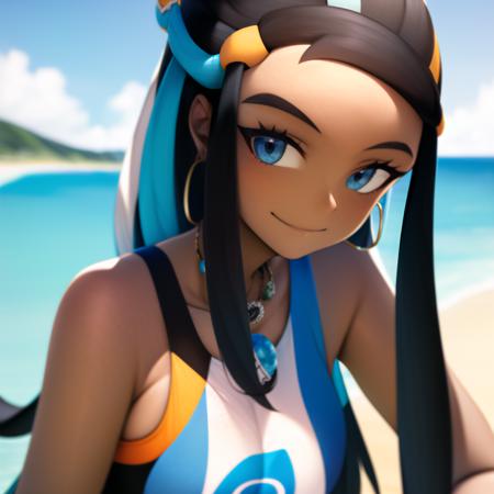 <lora:character_pokemon_nessa_v6:1> nessa \(pokemon\), beach, 1girl, solo, portrait, looking at viewer, smile, closed mouth, bikini, hair bun, hair ornament, necklace, hoop earrings,