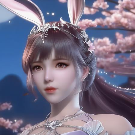 (8k, RAW photo,  masterpiece:1.2),solo,
(super realistic, photo-realistic:1.3), ultra-detailed, extremely detailed cg 8k wallpaper,hatching (texture),skin gloss,light persona,
(crystalstexture skin:1.2), (extremely delicate and beautiful),
(cherry blossoms, cloud, looking at viewer, night, night sky, starry sky, star sky, sky, rose petals, petals, outdoors),
masterpiece, best quality,official art, extremelydetailed cg 8k wallpaper,(flying petals)(detailed ice) , crystalstexture skin, coldexpression, ((rabbit ears,animail ears)),, longhair, messy hair, blue eye,looking at viewer,extremely delicate andbeautiful, water, ((beautydetailed eye)), highlydetailed, cinematiclighting, ((beautiful face),fine water surface, (originalfigure painting), ultra-detailed, incrediblydetailed, (an extremelydelicate and beautiful),beautiful detailed eyes,(best quality),
1girl,long_hair, solo, very_long_hair,,looking_at_viewer,(arms behind back:1.2),pov,rabbit ears, animal ears,dress,pink dress,white dress,long dress,portrait,focus on head,
(full shot),xwhd, (breasts,medium_breasts , cleavage:1.2), <lora:89xwxl-000016:0.86>