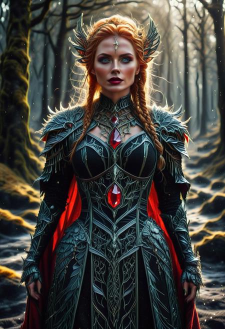 ObsidianSand, nbn-freyja, (ObsidianSand background:2), indoors, standing, 1woman, solo, long hair, black choker, eyeliner, gorgeous lips, covered breasts, cinematic, best quality, ultra-detailed, very aesthetic, (natural eyes:1.4), freckles, aloof, (masterpiece:1.1), small waist, fitness body, wide hips, 32 years old, golden blond hair, censored, (big stained glass windows:1.4), (ObsidianSand Victorian dress:1.6), (red ruby clothes:1.6), high end closure, Evil Queen, cinemascope, moody, epic, gorgeous, film grain, natural hands, red elbow gloves, knee boots, dramatic, ritual magic, freyja, auburn hair, braided hair, magic, forest, Viking queen, mythic beauty, feathered cloak, fur, armor, robe, braid, rune jewelry, photorealistic, cinematic, flowers, jewelry, photorealism, cinematic lighting, high fantasy, mythic portraiture, soft background, northern folklore aesthetic, (fully dressed:2), (RAW photo), 4K, best quality, realistic, photorealistic, masterpiece, extremely detailed, an extremely delicate and beautiful, dynamic, realistic anatomy, candle lighting, perfect shading, professional shading, depth of field, great lighting, goth wedge boots, elegant, gorgeous, highly detailed, detailed fluorescent hair with dark roots, 35mm, f1.4, dark lipstick, full shot photo, perfect face, perfect anatomy, cute, beautiful, perfect beauty, amazing beauty, absolutely perfect, perfect skin, gentle, highly detailed, breathtaking, clear skin, (ObsidianSand clothes:2.6).