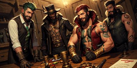 HEZI,LOL,\\\(lol style\\\),game cg,multiple boys,facial hair,hat,crossed arms,tattoo,table,beard,smile,muscular,holding,weapon,indoors,male focus,vest,open mouth,mustache,muscular male,arm tattoo,4boys,shirt,jewelry,dark skin,sleeveless,knife,1girl,red hair,makeup,black hair,open clothes,sharp teeth,gloves,teeth,fur trim,long hair,green hair,dark-skinned male,sitting,lipstick,5boys,jacket,3boys,colored skin,grin,short hair,<lora:LOLæ¯å°åæ²ç¹(8bit)-000015:0.6>,