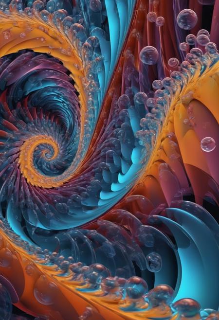 3D render abstract, curves, streamline, dynamic, splash, bubbles, spiral, fractal, Fibonacci, interdimensional, vibrant, waves, complex, rhythm, surreal, refractions, rippling effect, translucent caustic effect