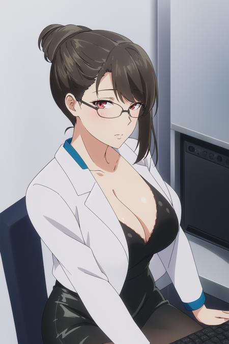 (Night:1.7), sitting in a chair with her legs crossed and her hand on her knees, 
with a computer in the background, (Upper_body),(close-Up),(Focus_face),
Black_Shirt,pantyhose, pencil skirt,White_jacket,cleavage, collarbone, 
<lora:Doctor_world_end-KK77-V1:0.7>,office lady,<lora:Akira_Todo_World_End-KK77-V1:0.1>,<lora:Riko_KIRIHARA_World_End-KK77-V1:0.1>,
brown hair,red eyes, black-framed eyewear,hair bun,swept bangs, 
1 girl, 24yo,mature female,Beautiful Finger,Beautiful long legs,Beautiful body,Beautiful Nose,Beautiful character design, perfect eyes, perfect face,
looking at viewer, in the center of the image,
NSFW,official art,extremely detailed CG unity 8k wallpaper, perfect lighting,Colorful, Bright_Front_face_Lighting,
(masterpiece:1.0),(best_quality:1.0), ultra high res,4K,ultra-detailed,
photography, 8K, HDR, highres, absurdres:1.2, Kodak portra 400, film grain, blurry background, bokeh:1.2, lens flare, (vibrant_color:1.2)
(Beautiful,large_Breasts:1.4), (beautiful_face:1.5),(narrow_waist),