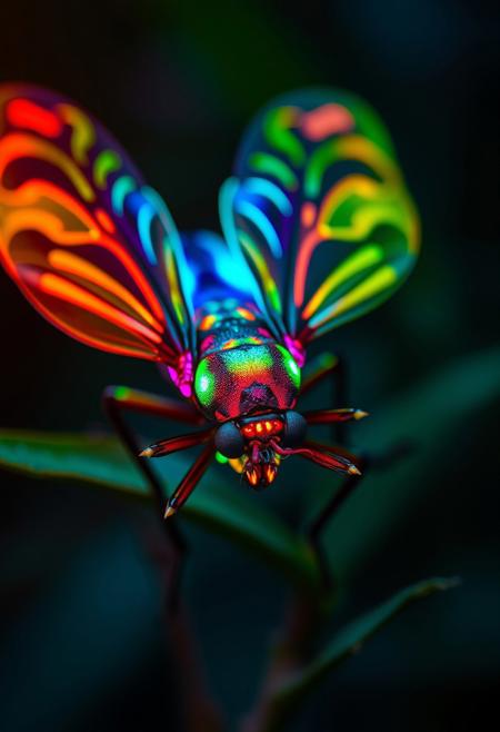 A close-up of a neon-colored insect, glowing iridescent wings, vibrant bioluminescent patterns on its body, set against a dark blurred jungle background, hyper-detailed macro shot, 8k, ultra-realistic textures, shallow depth of field, cyberpunk lighting, vivid colors, futuristic nature scene