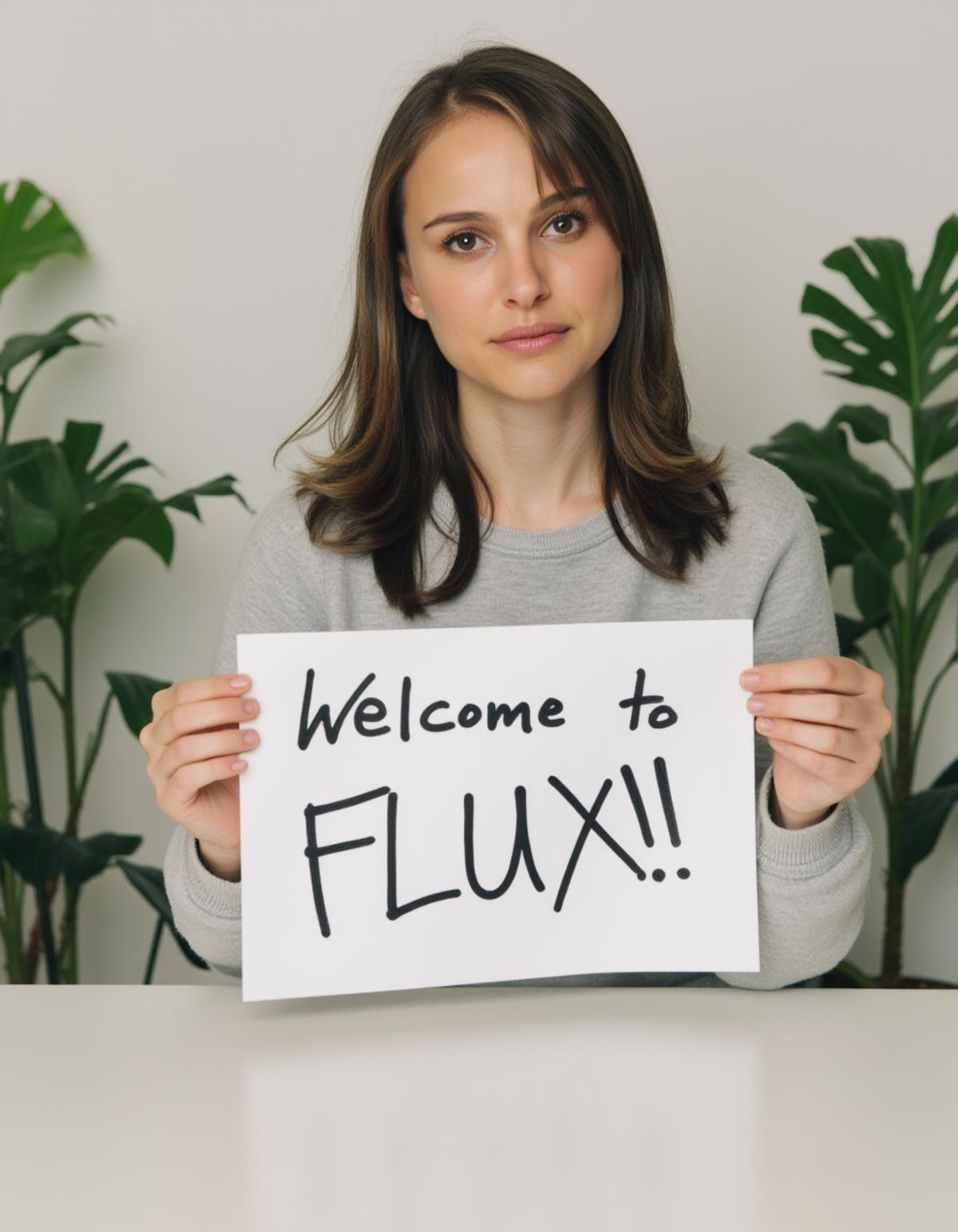 Instagram photo of a woman sitting at a table wearing a light grey sweatshirt, holding a sign that has the handwriting "Welcome to FLUX!!"  written on it. She is looking at the camera and in the background are some office plants on either side of her out of focus.   <lora:Natalie_Portman_2004_FLUX_epoch_16:1>