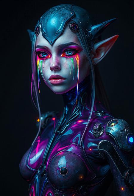 cyberpunk elf woman, rainbow colored tear streams running from eyes, liquid cyberpunk body suit, lots of blues and pinks, metallic eyes, simple dark background, hr giger, glowing cybernetic parts, facing camera, ((full body))
