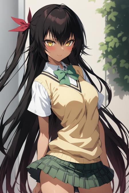 1girl, master_nemesis, to_love-ru_darkness, black_hair, very_long_hair, yellow_eyes, dark_skin, ribbon, hair_ribbon, kimono, obi, sash, violet miniskirt, highly detailed, masterpiece, best quality, anime style sainan_high_school_uniform, light_green_skirt, green_bowtie, yellow_sweater, short_sleeves, white_shirt straight hair, solo, white_school_swimsuit straight hair, solo, dress