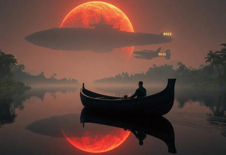 A hyperrealistic cinematic photograph, resembling a shot taken with a state-of-the-art cinema camera, extreme detailed and sharp, captures a serene moment on a lush, verdant planet within the Warhammer 30K universe. In the foreground, a small, Viking-style boat, constructed from almost black, highly detailed wooden planks, floats gently on a smooth, mirror-like river that perfectly reflects the surrounding environment. in the boat are a man and his son, silhouettes visible against the backdrop as they gaze skyward. The scene is illuminated solely by the crimson glow of a massive red giant gas planet overhead. Dominating the sky is a colossal Lunar Wolves battleship, its immense silhouette partially obscuring the gas giant, extending beyond the frame of the image. Closer to the ground, a second ship flies low, emblazoned with a giant, glowing "BUZZ" on its hull. The composition emphasizes the contrast between the tranquil, natural setting and the imposing, futuristic spacecraft, creating a poignant juxtaposition. The image is rendered in ultra-high detail, capturing the intricate textures of the boat's wood, the stillness of the water, and the atmospheric lighting, evoking a sense of awe and wonder. Eye-level shot, approximately 20 cm above the waterline, emulating the perspective of a handheld cinema camera. 