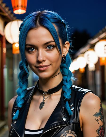 A photo-realistic shoot from a portrait camera angle about a young woman with blue hair styled in pigtails, wearing a black leather vest adorned with skulls and tattoos, standing in a dimly lit street with japanese lanterns and blurred figures in the background. on the middle of the image, a 20-year-old woman, who appears to be smiling at the viewer, with her blue eyes looking directly at the camera. she has a slender physique and fair skin, and her hair is styled in two pigtails. her hair color is blue, and she is wearing earrings and a choker with a pendant around her neck. she is also wearing a sleeveless black leather jacket with skull patterns, and has tattoos on her arms and shoulders. on her right arm, she is holding a katana, and on her left arm, there is a tattoo of a skull. the background is blurred, with a focus on the woman's upper body, and the lighting is soft and warm.