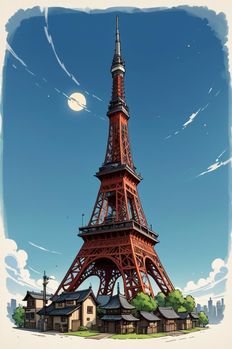 A Cartoonish Eiffel Tower Under a Blue Sky with a Faint Moon