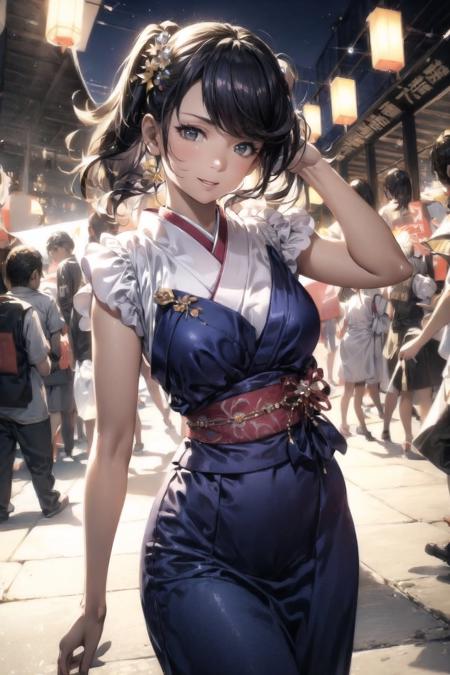 vibrant colors, female, masterpiece, sharp focus, 
best quality, depth of field, cinematic lighting, ((solo, one man )), 
(illustration, 8k CG, extremely detailed), masterpiece, 
ultra-detailed, in a burst of energy and radiance, 
a cute girl with her vibrant presence. 
The detailed illustration captures japanese festival, 
exuding both grace and enthusiasm,
dressed in beautifull and sexy dress, 
she moves with precision and elegance. 
The backdrop echoes the energy of a spirited crowd on japanese festival,  
Her captivating presence shines through,  
the illustration paints a dazzling portrait of a beautiful girl in motion,  
creating a movie scene, 
cute female, black gradient with brown hair, long hair, grey eye, more different color costume, Sara