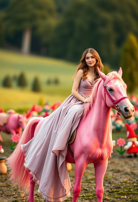 movie still, a beautiful woman with a long dress sitting on a pink horse, in munchkin land, in the style of Wes Anderson