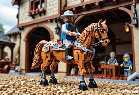 LEGO hero driving a horse, hat, medieval clothes, (unshaven beard:0.2), fearless, expressive, on the run, BREAK, Buckskin horse LEGO, driving very fast, jumping, clouds of dust, particles.
Style: Whimsical, detailed.
    Main Elements: toys (horseman LEGO, horses LEGO, drawbridge LEGO, dragons LEGO, fox LEGO, knights LEGO), imaginative settings.
    Color Palette: Warm, grey and brown colors; silver glazes.
    Lighting: hard and soft lighting to enhance the medieval atmosphere.
    Shapes: Realistic yet imaginative forms of toys.
    Details: Rich in detail, showcasing the textures and forms of various objects.
    Aesthetic: Fun, charming, and playful.
Background: dollhouse LEGO, dusk, medieval furnitures of a doll house, brown and silver accents, shadows, torches attached to the walls.
from below,
bokeh, chiaroscuro, (perspective:1.5), depth of field, (foreshortening:2), toy style, source_toys, plastic material, reflectivity:0.9, PVC:0.8, (blue motion trails:1.2).