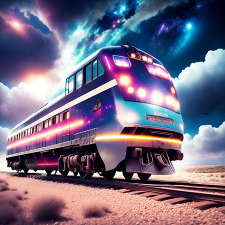 (CosmicTrain style:1) train traveling down train tracks <lora:djzCosmicTrainV21:0.8>