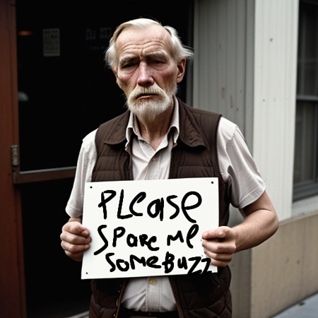 Old man, homeless, 1800s, holding a sign that reads: "please spare me some ((BUZZ)).