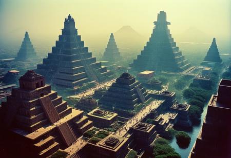 (flux-style)Hyoer Realistic:2.0)Polaroid picture 
an image of 
An ultra-realistic cityscape of Tenochtitlan in modern times, with vibrant colors and sharp details. The shot is framed from a high angle, showcasing the sprawling metropolis built on an island surrounded by Lake Texcoco. Sunlight casts warm golden hues over towering pyramids integrated with contemporary architecture. Montezuma II stands proudly atop a grand temple, wearing traditional regalia. Streets bustle with activity as people move about in both ancient Aztec attire and modern clothing. Water canals weave through the city, lined with lush greenery and colorful markets. Keywords: Tenochtitlan, Montezuma II, realism, cityscape, Lake Texcoco, modern, Aztec civilization.
BREAK High Morning, metropolis, (Cyberpunk future theme, tall energy towers :1.67)