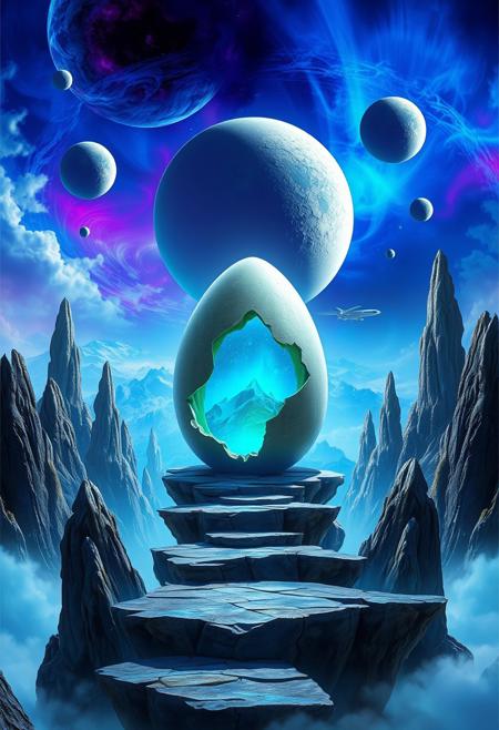 Digital fantasy artwork featuring a surreal landscape with a central focus on a large, cracked egg-shaped structure positioned on a series of stone platforms, surrounded by jagged, towering rock formations. Inside the egg, a glowing blue and green world is visible. The sky is a vibrant mix of blues and purples, with planets and moons, hovering in the background. The overall composition is dynamic, with a sense of depth and otherworldliness, enhanced by swirling clouds and ethereal lighting effects. The image evokes a sense of mystery and wonder, typical of science fiction and fantasy genres.