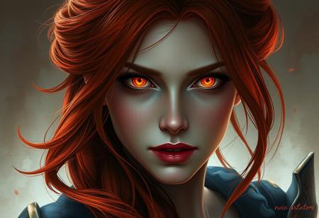 A woman with Red hair and Luminous eyes looks at the camera, Beautiful picture of the character, character portrait, character portrait, 🤤 Charlie Bowater character art, epic portrait illustration, подробныи character portrait, neo-artcore and Charlie Bowater, high quality portrait, fantasy concept art portrait, detailed matte fantasy portrait, charlie bowater art style, Detailed beautiful portrait, fantasy art portrait, dark, chiaroscuro, low-key, oil and watercolor painting