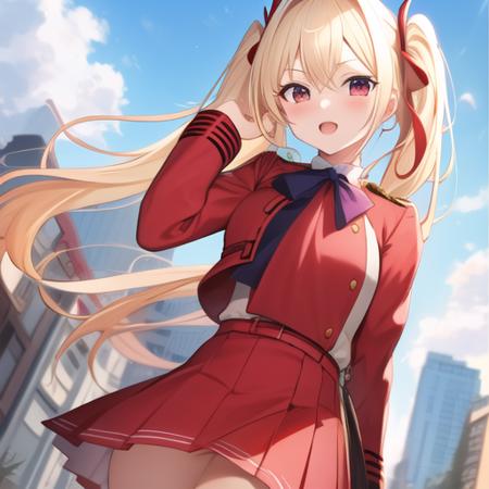 masterpiece, best quality, 1girl, long blonde hair with twintail, lycoris_uniform, in street, <lora:qqq-lr2-v1-000016:1>