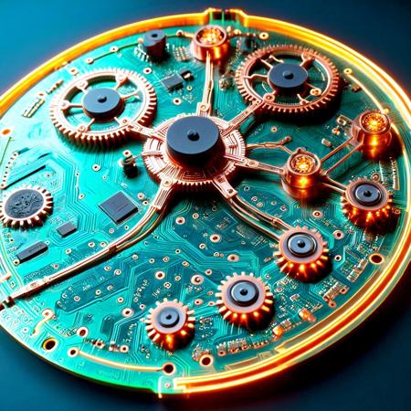 Ancient Greek Antikythera Mechanism as a futuristic holographic circuit board, macro shot, translucent green PCB layers, intricate copper traces, zodiac symbols glowing neon, Tron-inspired riders on hover bikes racing across, vibrant cyan and orange light trails, surface-mount chips, floating gears, ambient cosmic haze, cinematic lighting, shallow depth of field, 8K resolution, ultra-detailed, in the style of I.M. Pei and Frank Lloyd Wright, modernist and geometric architecture, clean lines, organic integration, harmonious structure