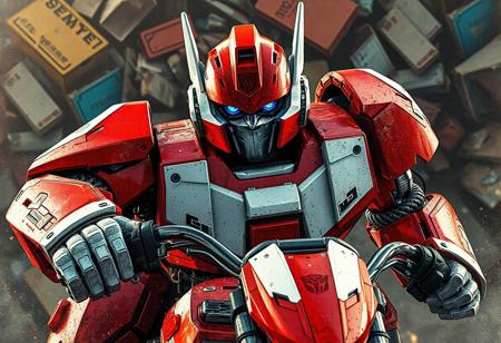 The image showcases a dramatic scene from the Transformers franchise, featuring a Junk Robot Camelcycle in a dynamic pose. The robot, primarily red and white, is set against a Junk Box background, emphasizing its vibrant colors. The image, rendered with Octane Render, showcases sharp lines, splash ink illustration, and hyper-realistic details, with a focus on the robot's intricate facial features and clothes. The cinematic lighting adds depth and emotion to the scene. High-resolution, 4K, exceptional quality, stunning colors, and harmonious composition make this image a standout. Trending on ArtstationHQ, it embodies contemporary aesthetics and showcases vivid emotions, a powerful message, and beautiful detailed eyes. The golden ratio is utilized in the impeccable composition and well-timed moment, highlighting the dynamic action pose and attractive background. Cinematic, dramatic lighting, Octane render, hyperrealism, illustration, 8k.