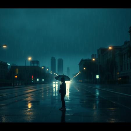 A dimly lit, rainy street at night, with soft streetlights casting a faint glow. In the foreground, a person stands alone under an umbrella, their figure slightly blurred, symbolizing fading memories. The city behind them is empty and distant, with reflections of lights on the wet pavement. The sky is cloudy, with faint stars barely visible, adding a sense of loneliness and melancholy. A soft, fading spark in the background symbolizes the lost hope and emotions fading away. The overall color palette should be cool tones, with shades of blue, gray, and a touch of warm amber from the streetlights.