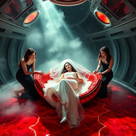 high-society elegant slender norvegian  rich   innocent young bride wearing   glossy silver high heels and glossy transparent slime  high slit wedding gown with matching long veil,  laying in   whorish lush  glossy red foil breeding  bed in center of alien breeding space capsule, surrounded by arrogant ladies wearing glamour glossy black evening gowns and glossy high heels, kneeling over her and holding her legs and arms, eerie fog that wafts up from the fleshy jelly floor, encased in light beam from the chamber celling, awaiting her alien master, strugging to break free and escape, transparent crystal walls,  colossus observation portholes to outer space full of stars, bright red moon, vintage-inspired makeup, long hairs, ultra thin waist, evil grin, porcelain skin, lipstick, red nails, in the style of a haunting, retro-futuristic 1950s sci-fi nightmare, horror, alien space base,