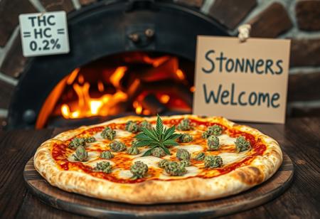 A gourmet pizza is artfully displayed on a rustic wooden table, set in front of a traditional Italian wood-burning pizza oven with flames flickering warmly in the background. The pizza features a perfectly golden, crispy crust, topped with fresh, melted cheese, and vibrant sativa cannabis flowers, glistening with rich trichomes. The green hues of the cannabis flowers contrast beautifully with the rich tomato sauce and the creamy cheese. In the background, two cardboard signs are prominently visible. One reads "THC < 0.2%," highlighting the legal compliance of the ingredients, while the other boldly declares, "Stoners Welcome," adding a playful, inviting touch to the scene. The overall ambiance blends traditional Italian culinary artistry with a modern, laid-back vibe.