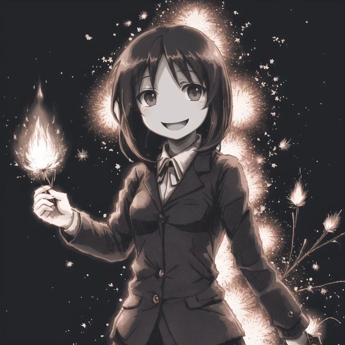 <lora:ham_rifl:0.8>, monochrome, oekaki, 

above waist portrait beautiful cute anime young woman, Fiery firework ignites b...