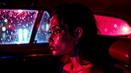 Cinematic neon-lit scene, a young woman with wet, dark hair sits in the backseat of a car at night, gazing out the rain-streaked window. The car interior is bathed in deep red and pink lighting, creating a surreal, dreamlike atmosphere. Raindrops glisten on the glass, reflecting city lights. A haunting and moody expression on her face, lost in thought. The composition captures a blend of suspense and melancholy, inspired by classic Italian horror cinematography.  
