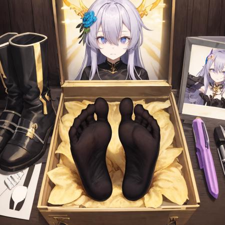 the wall photo have a girl portrait,photo,pov,feetbox,only head,box,soles,glowing,purple eyes,anime face,girl boots,
,no body,no arm,no hand,black socks,
,(beautiful eyes, extremely detailed eyes), eyes on viewer
,gold flower,
,(masterpiece, perfect quality, ultra detailed)