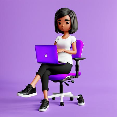 1girl, solo, black hair, shirt, purple background, computer, shoes, white shirt, chair, sitting, pants, black footwear, short sleeves, black eyes, simple background, arms up, laptop, sneakers, full body, purple pants, blue pants <lora:3dillu(1):1>