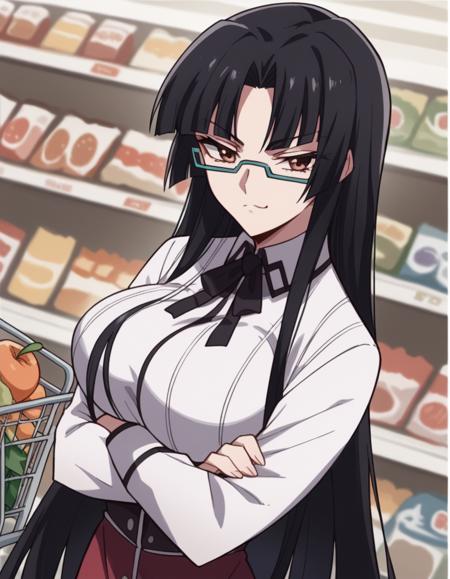 tsubaki shinra, long hair, black hair, brown eyes, glasses, semi-rimless eyewear, under-rim eyewear, parted bangs, bangs, blunt bangs, large breasts shirt, ribbon, school uniform, white shirt, black ribbon, neck ribbon, long sleeves, skirt, red skirt,