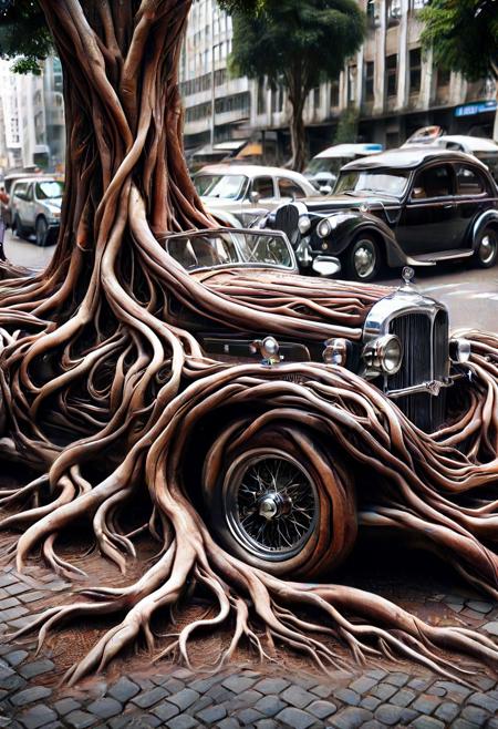 morph-treeroots , vintage car,polished chrome details,classic style design,in city,photography<lora:tree roots_0_100_V1-000008:1>