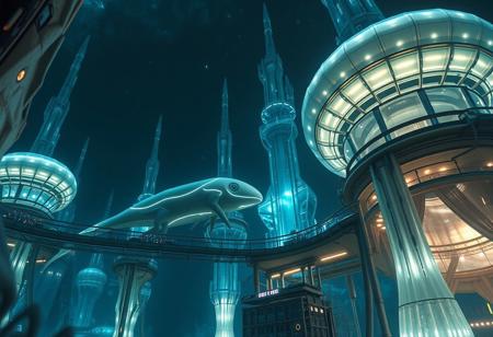 Create an ultra-detailed scene portraying a Gelid Architect in its deep-ocean habitat. The Gelid Architect is a biomechanical, intelligent species, thriving in the crushing depths of a frigid underwater world. Its sleek, translucent body reflects the icy environment, with bioluminescent streaks across its surface. The architecture around them is vast and awe-inspiring, crafted from translucent, pressure-resistant alloys that glow faintly, resembling towering coral spires with advanced cybernetic systems intertwined. The atmosphere is both dramatic and serene, with cinematic lighting emphasizing the cold, distant environment.
Depict the architectural structures in close-up: vast floating spires, linked by bridges, with glowing conduits running along metallic arches. The buildings mimic jellyfish-like designs, with domes that pulse with energy and translucent walls revealing complex internal machinery. The low-angle shot provides a wide view of the scene, capturing the full scale of this alien city under the endless ocean.
This scene has moody, contrast-filled lighting, highlighting the textures of the Gelid Architect’s smooth, icy skin. The Sony α7R IV with 1/320s, f/2.8, ISO 400 captures the captivating gaze, focusing on the detailed iris of the Architect, blending an artistic interplay of light and shadow. The RAW file format enhances the overall visual rhythm of the composition.