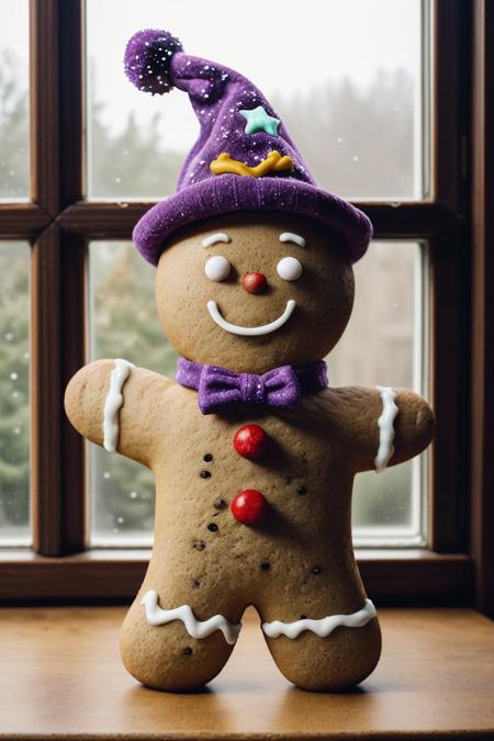 Gingerbread_Man, food, cookie, food focus, no humans, wizard hat, purple hat, white beard, stars, particles, inside, stone wall, window