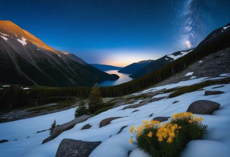landscape, long exposure sky in night astro photography, irregular broken bright star clusters in the sky, view of the galaxy, vast snow on rocky mountainside, view of a mountain fjord, alpine meadow wildflowers, granite cliffs, coniferous forest, rugged rock formations, valleys carved by glaciers, log cabin with illuminated window with chimney coming out of smoke, hiking trails, melting streams snow, panoramic view